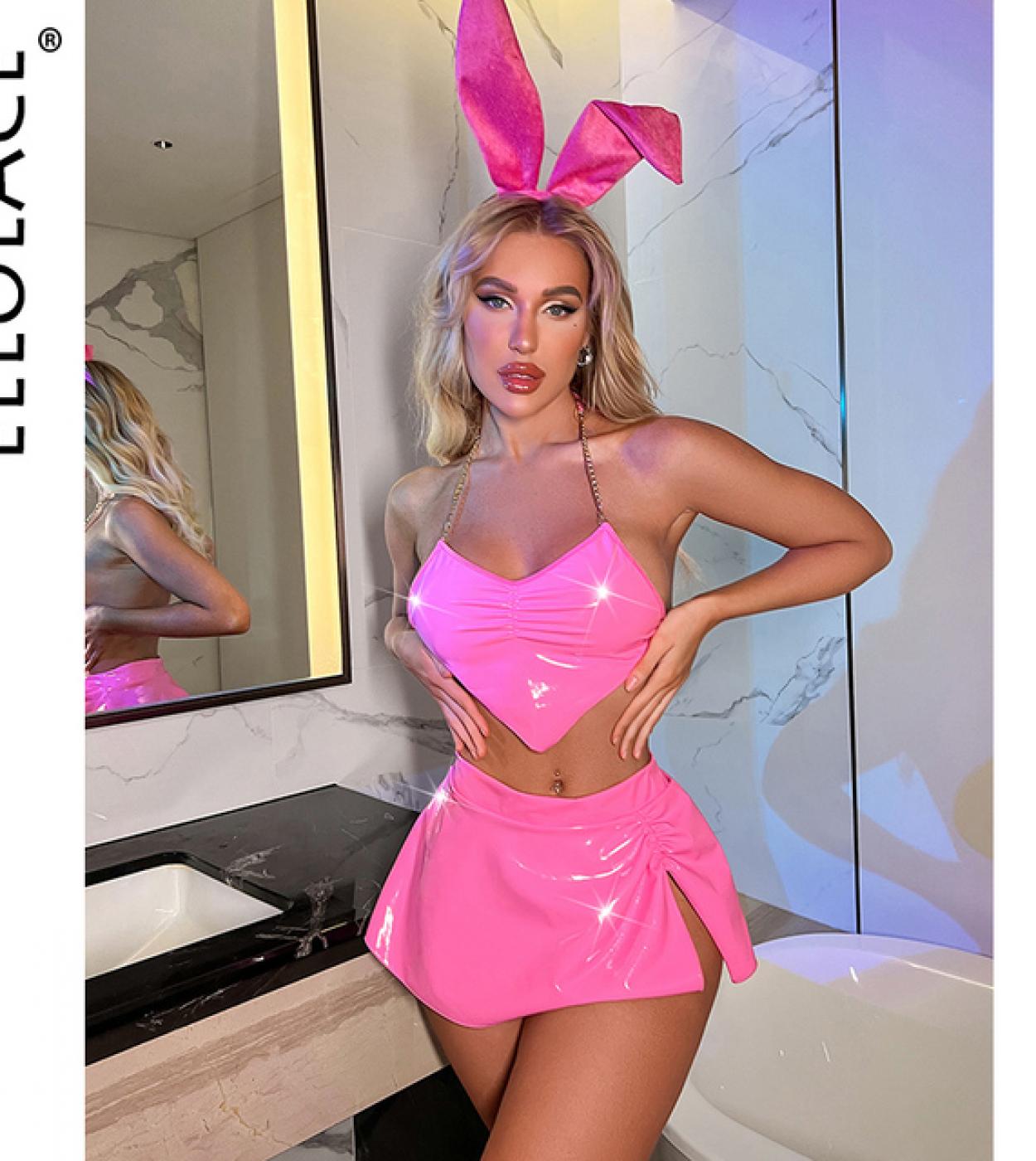 Ellolace Latex Lingerie Neon Pink Underwear Women 4piece