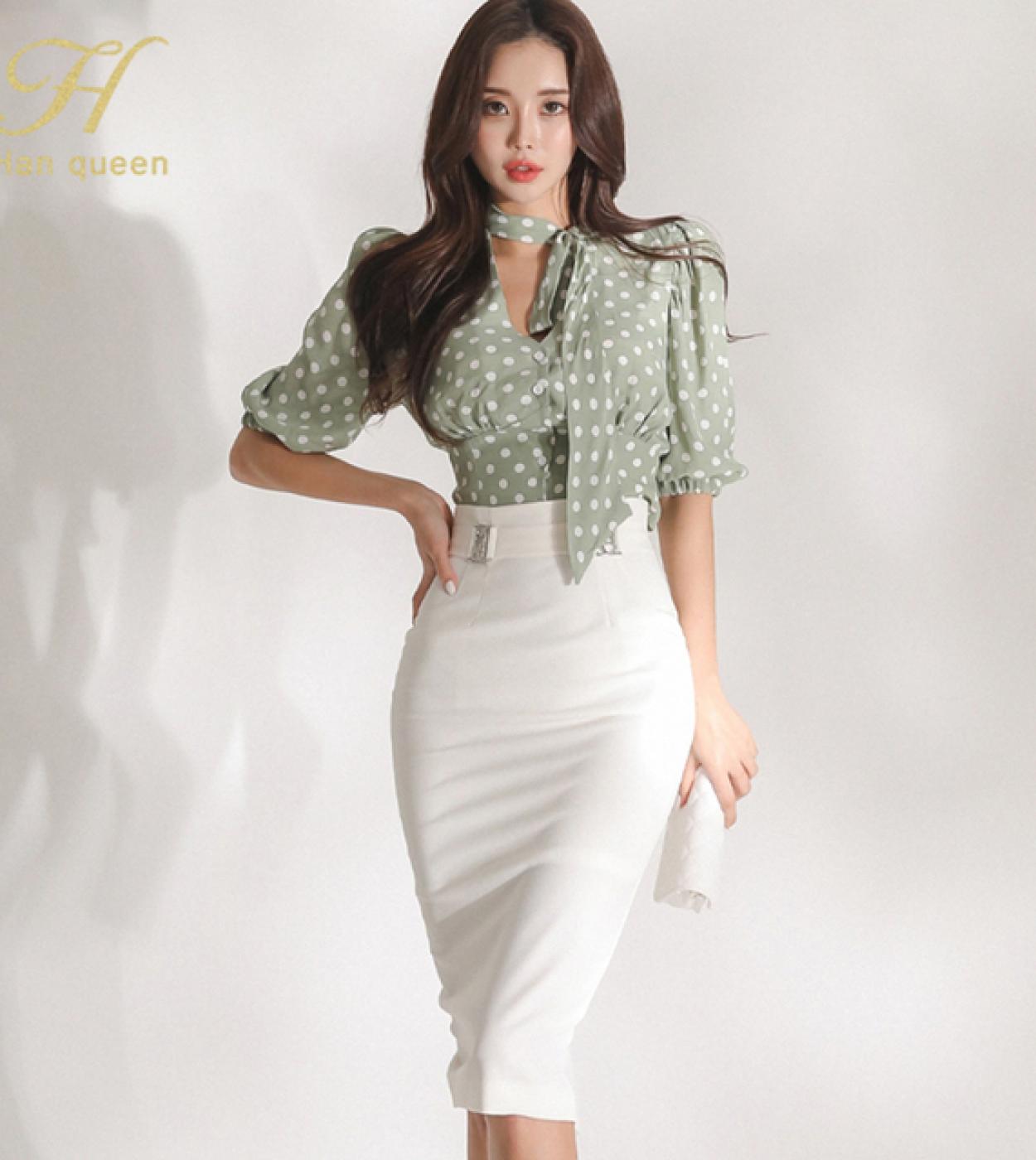 H Han Queen, ropa de trabajo de verano 2022 para mujer, conjunto de 2  piezas, blusas de lunares, cintura alta, vaina a media pan