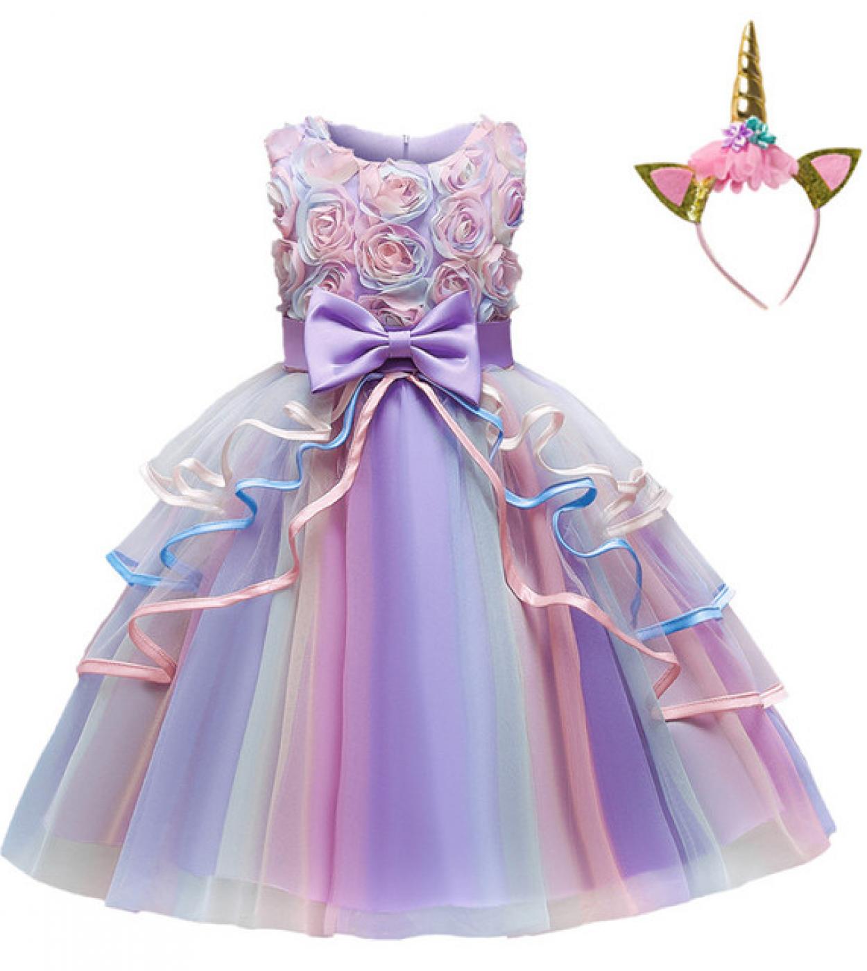 Vestido rosa de unicornio para niña, vestidos en capas de arcoíris para  fiesta de cumpleaños, vestido de baile con lazo para niñ