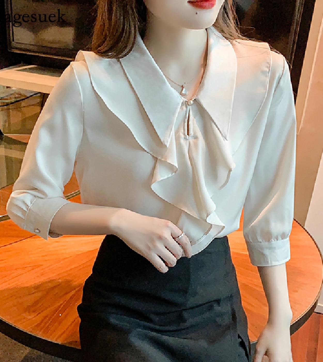White Bow Tie Neck Shirt Women Long Sleeve Spring Ladies Office