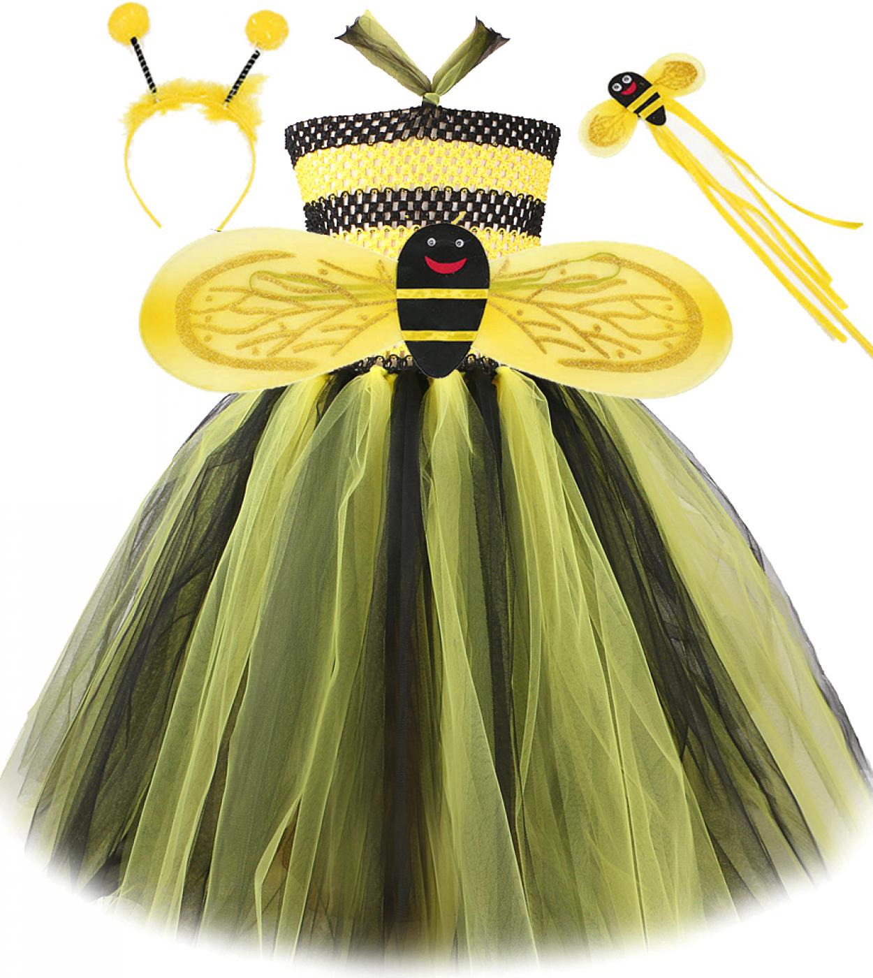 Vestido tutú largo de abeja negro amarillo para niñas disfraces de  Halloween de abeja Bumble para niñas vestidos de hadas con al