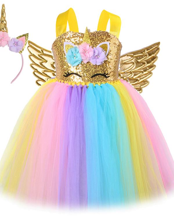 Vestido de unicornio con lentejuelas doradas para niñas, vestidos de  cumpleaños de princesa con alas, traje de cuerno, disfraces