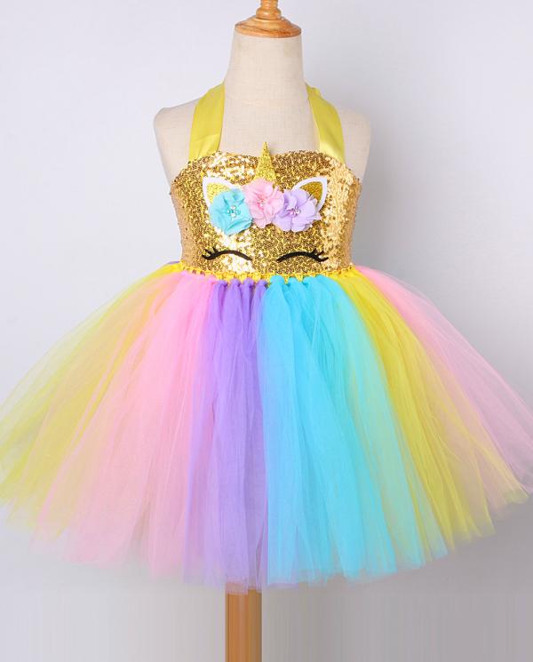 Vestido de unicornio con lentejuelas doradas para niñas, vestidos de  cumpleaños de princesa con alas, traje de cuerno, disfraces