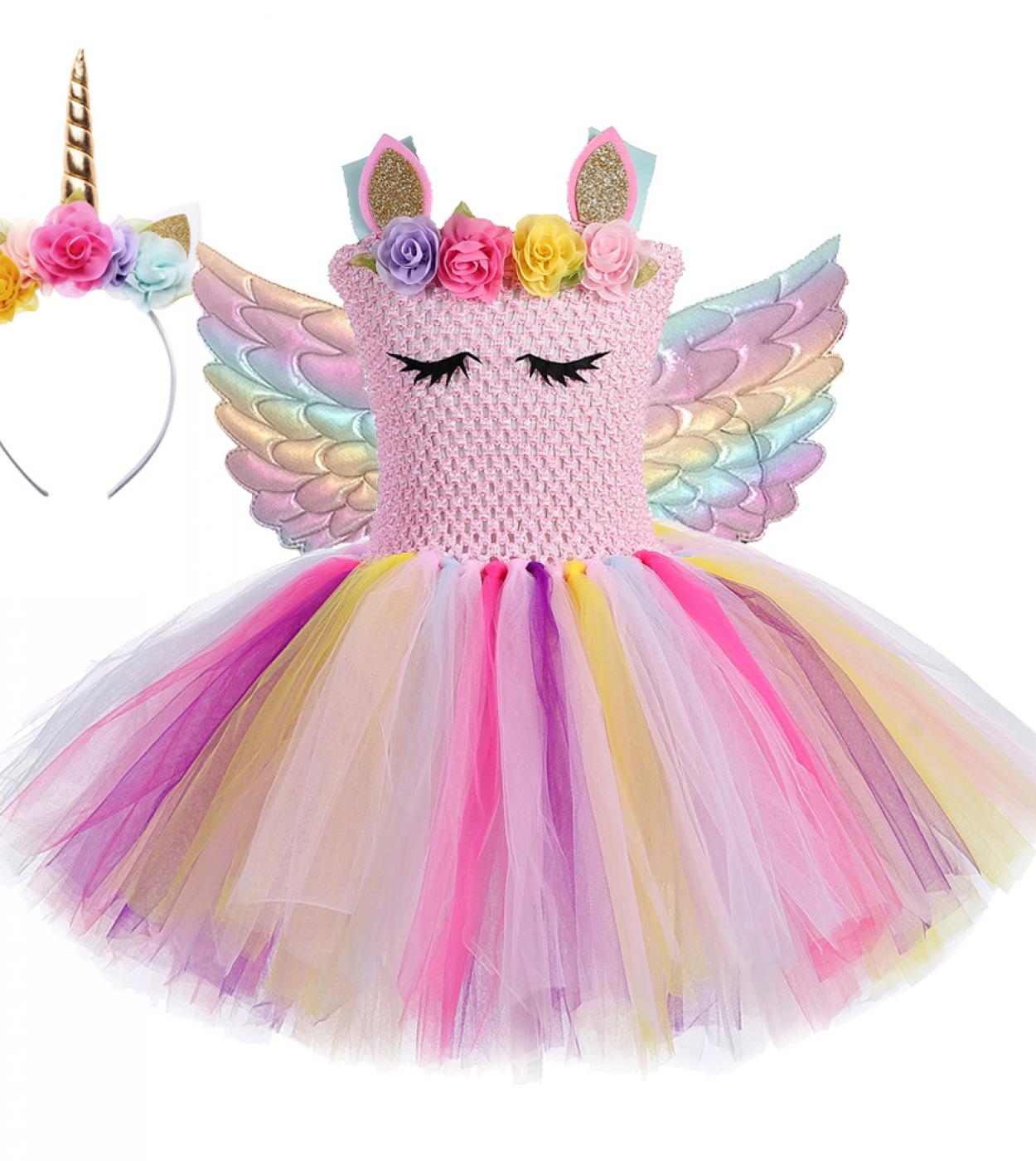 Vestido de unicornio para niña de flores con alas, cuernos, Disfraces de  Halloween de Navidad para niña, vestidos de tutú de cum