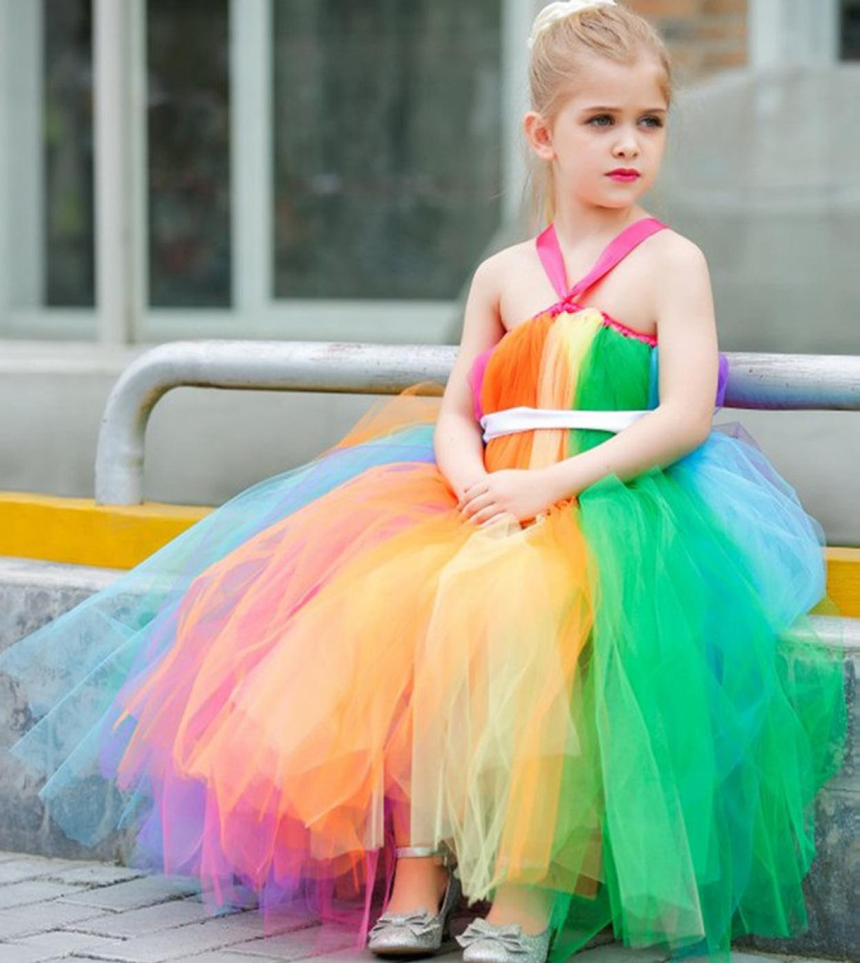 Abiti lunghi arcobaleno per ragazze Costumi da principessa caramella per  bambini Abito senza spalline con fascia per capelli Com