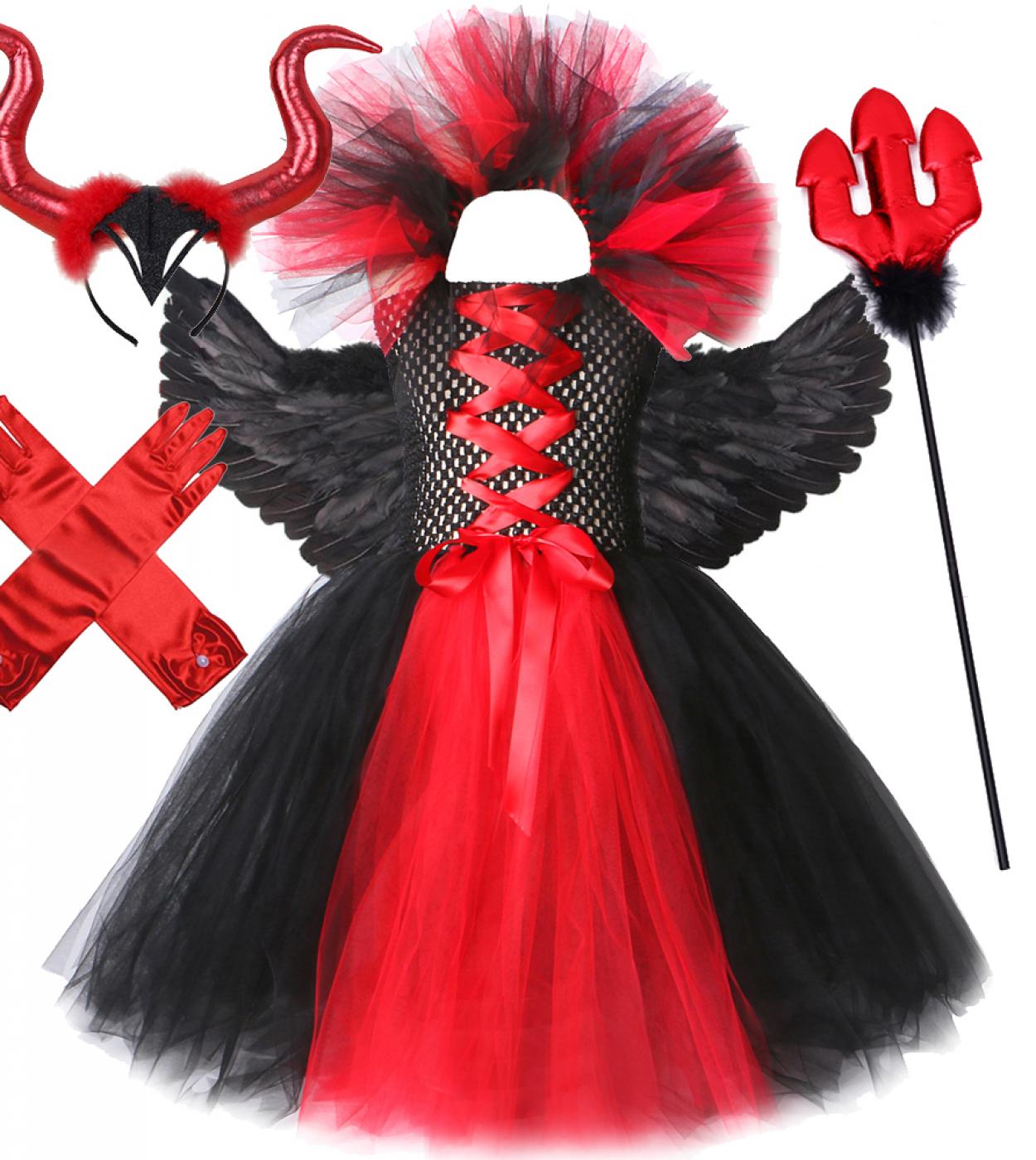 Disfraz rojo malvado de Halloween para niñas, vestido elegante de vampiros  para niños, traje de tutú de bruja diabólica, fiesta