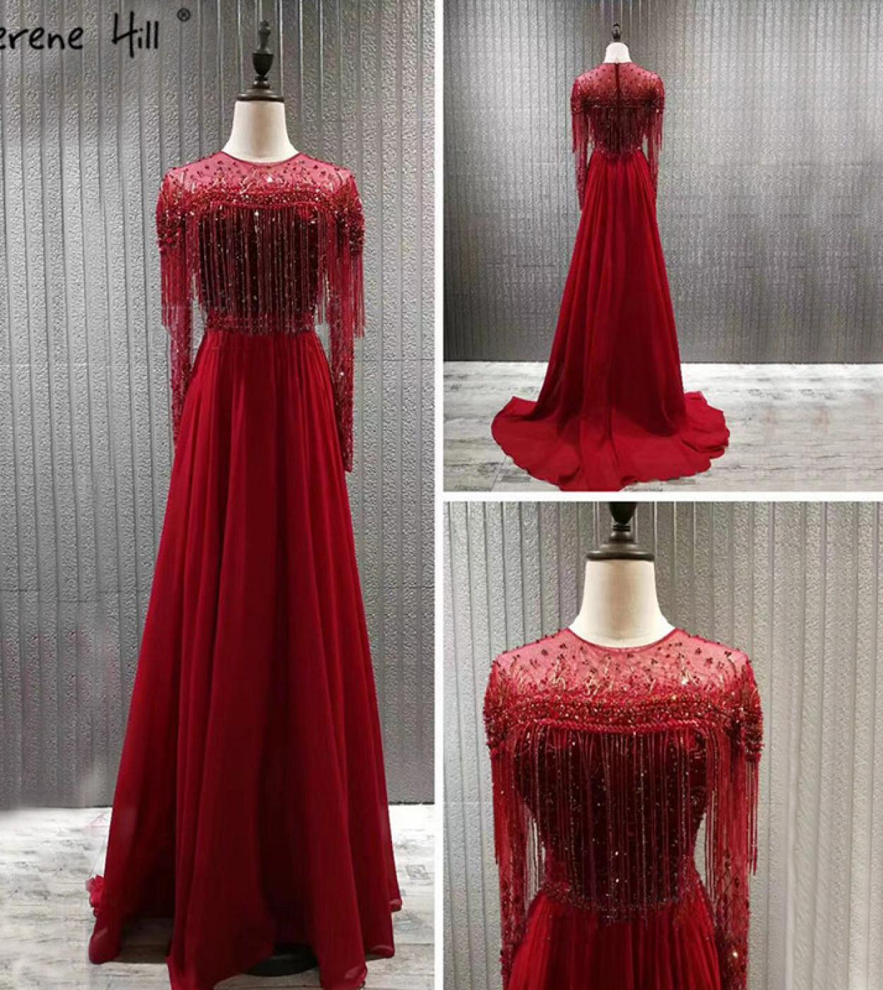 Vestidos de noche de diseño de Dubái de manga larga rojos Vestidos de noche  de lujo con borlas de abalorios Oneck Serene Hill La