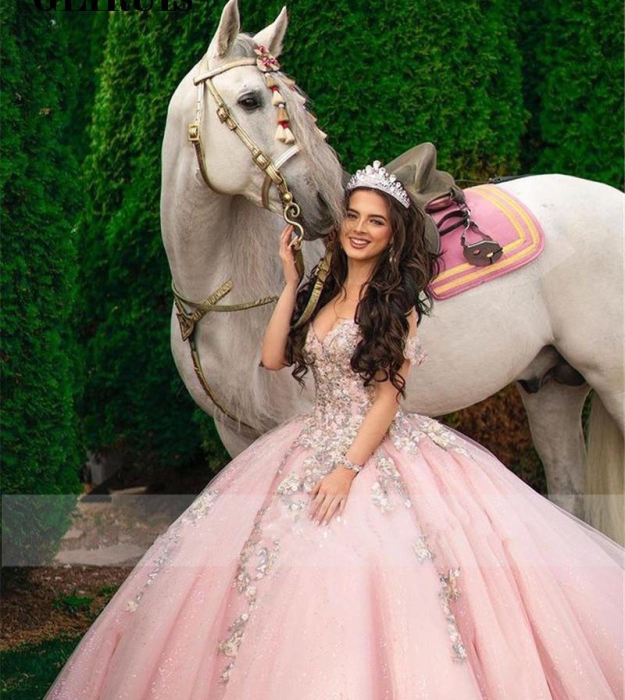Princesa rosa Quinceañera vestidos fuera del hombro 15 fiesta brillante  cumpleaños vestidos dulce 16 Debutante Quinceañera vesti