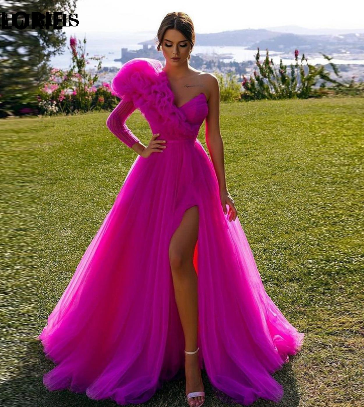 2022 Tulle Evening Dresses Vestidos De Fiesta One Sleeve Puff Organza  Arabic Dubai Formal Gowns Leg Slit Evening Gowns