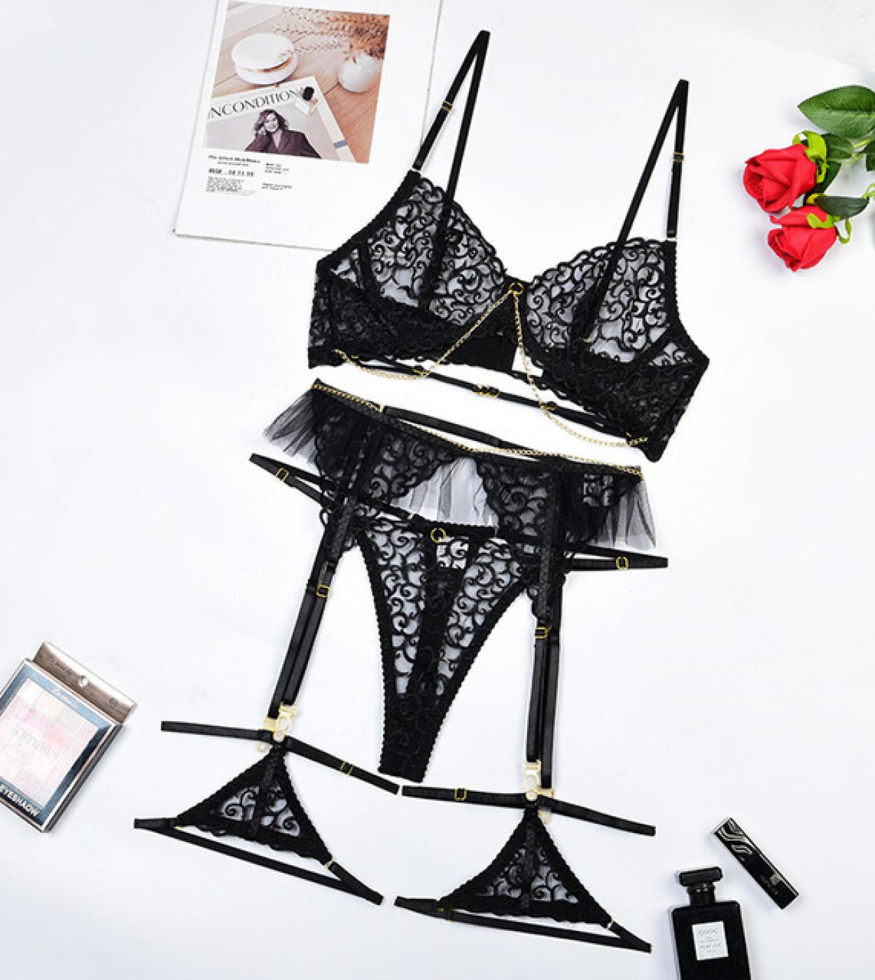 Porn Lingerie Lace Bra And Panty Embroidery Seamless Intimate Black Sensual  Set Women See Through Uncensored Costume