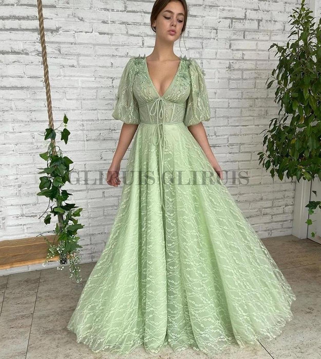 Green Lace Prom Dress V Neck Vestidos De Fiesta Largos Elegantes De Gala A  Line Half Sleeves Robe De Soiree De Mariage