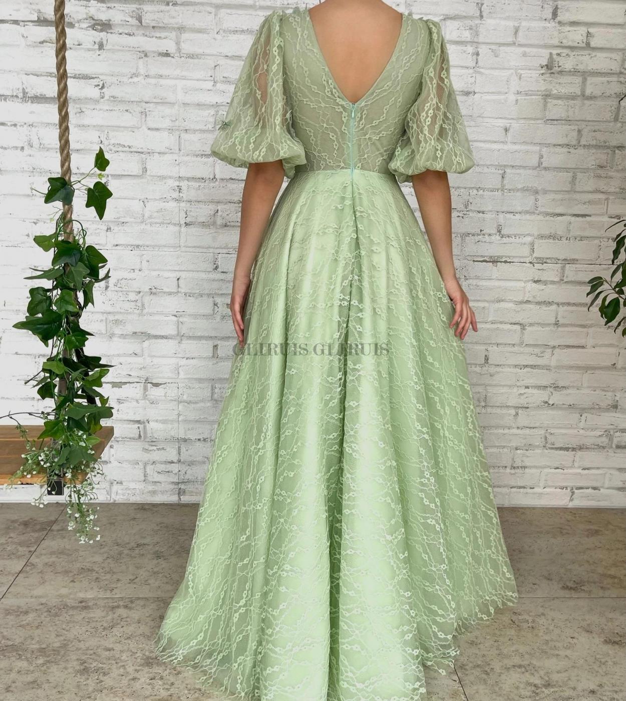 Green Lace Prom Dress V Neck Vestidos De Fiesta Largos Elegantes De Gala A  Line Half Sleeves Robe De Soiree De Mariage