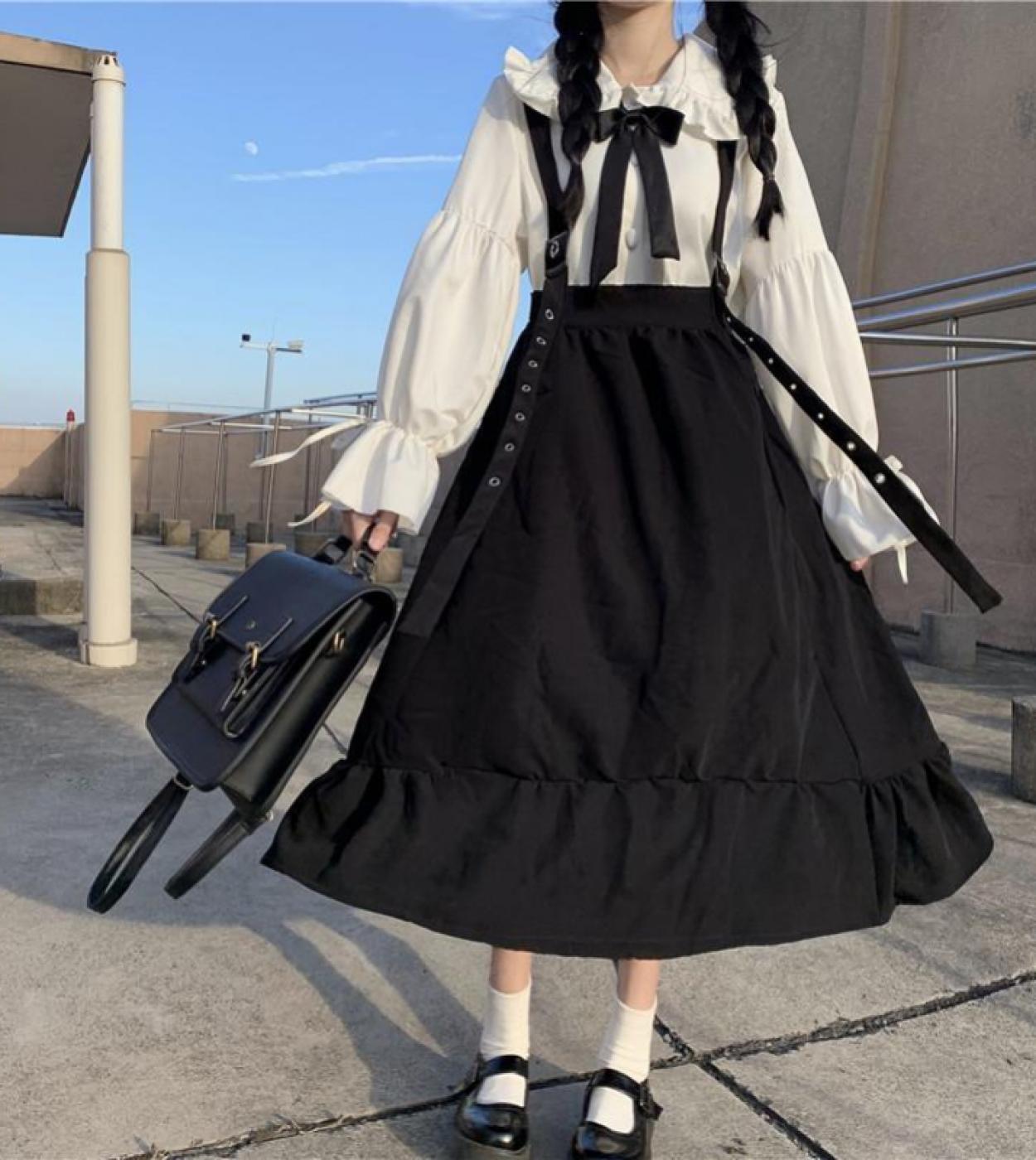 Falda larga gótica de Lolita para mujer, falda negra con tirantes y volantes Harajuku, cintura alta, ropa de suave Kawaii