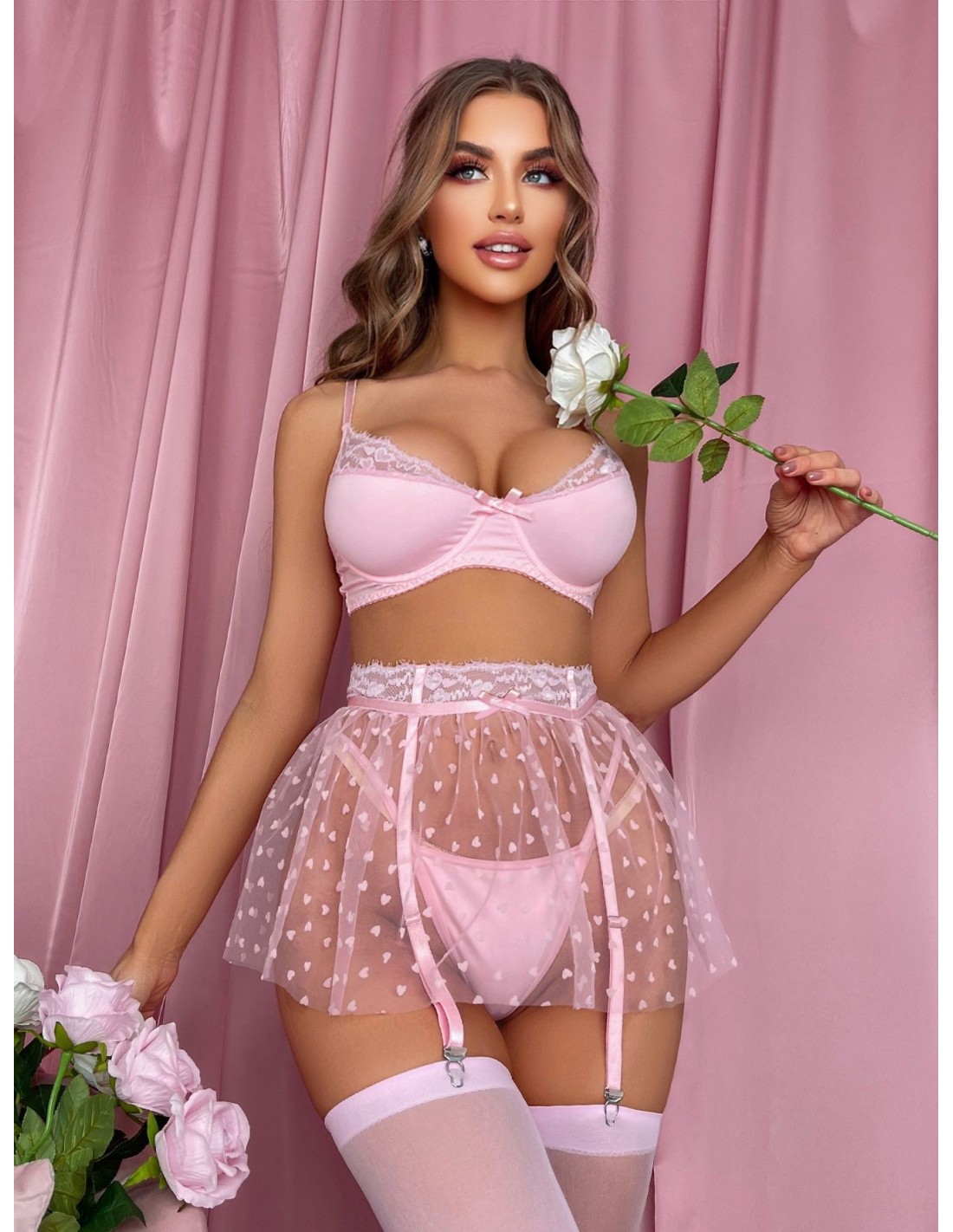 Cute Bra Underwear Women Lace Sheer Under Wear Sissy Lingerie Heart Mesh  Garter Belt Woman Intimate Valentines Day