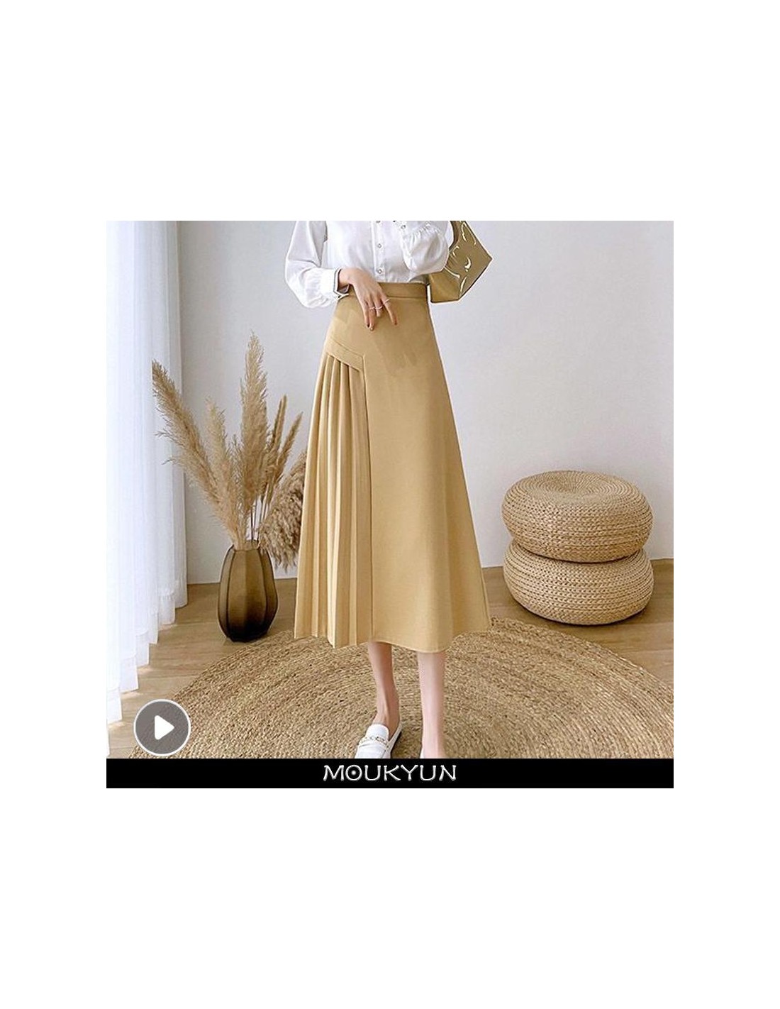 26,27 US$-Moukyun Vintage elegante una línea falda mujer primavera Oficina  Ol alta cintura Faldas largas moda amarillo plisado Faldas Muje-Description