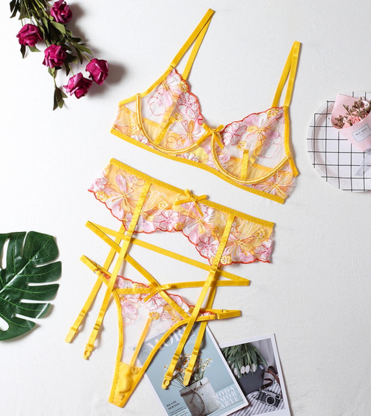 Yellow Floral Embroidery Lingerie Set Women Exotic Lace 3 Piece Underwear  Lady Push Up Graters Bra Thong Sets Drop Ship