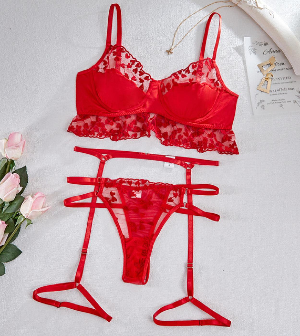 Red Strappy Lingerie Set See Through Lace Womens Underwear