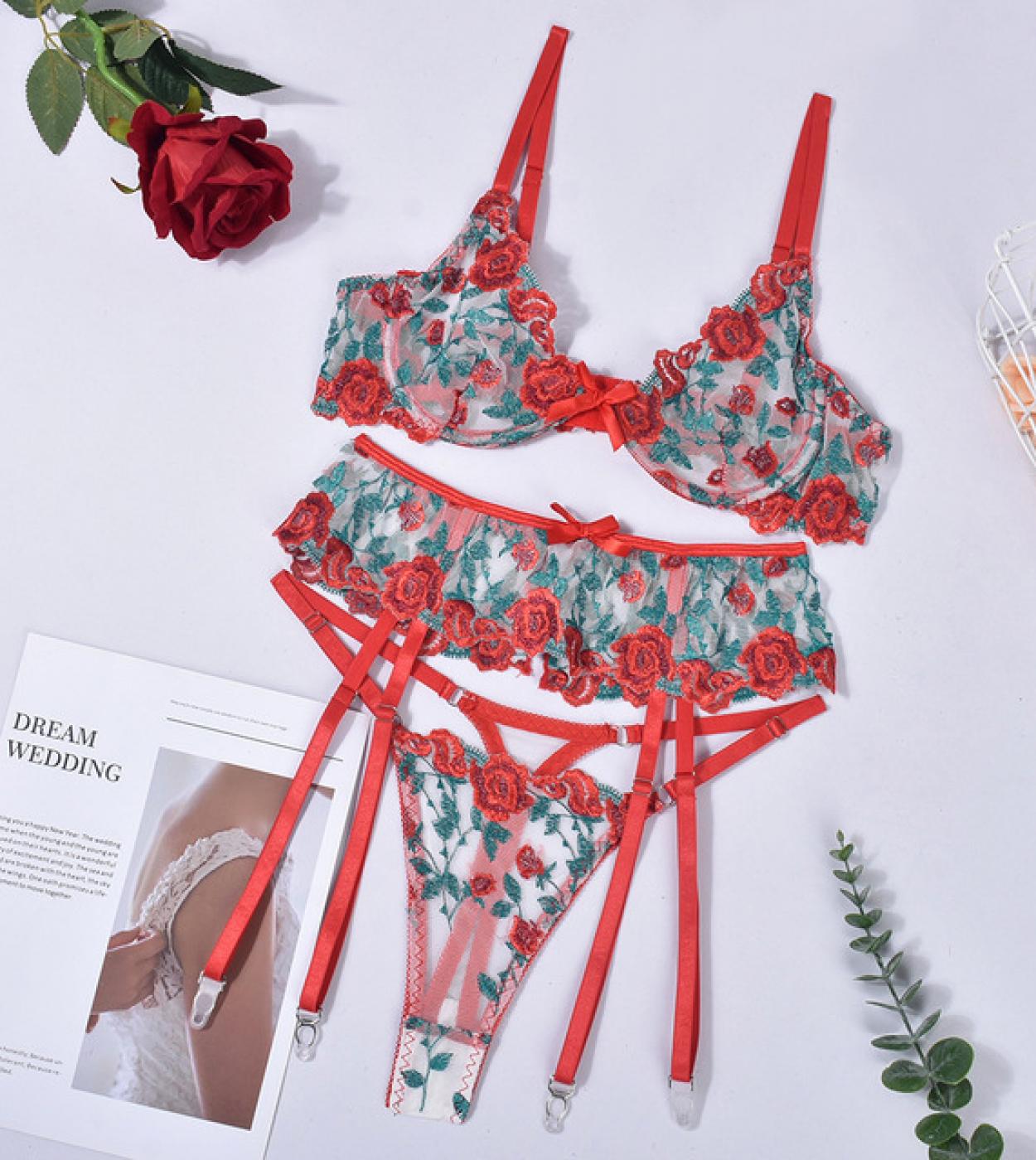 Red Floral Lace Bilizna Set Back Sexy Intimate Valentines Wedding