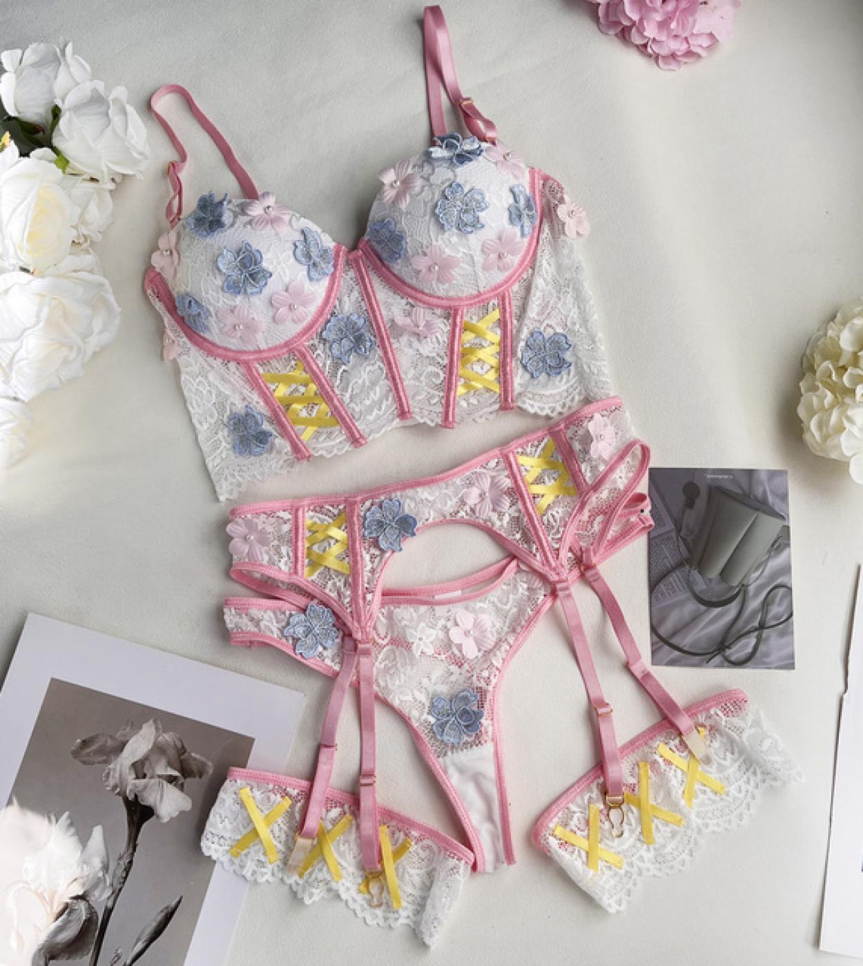 Ellolace Fairy Lingerie Luxury Lace Outfits Floral Beautiful Underwear  4piece Bra Padded Fine Romance Bilizna Set Of