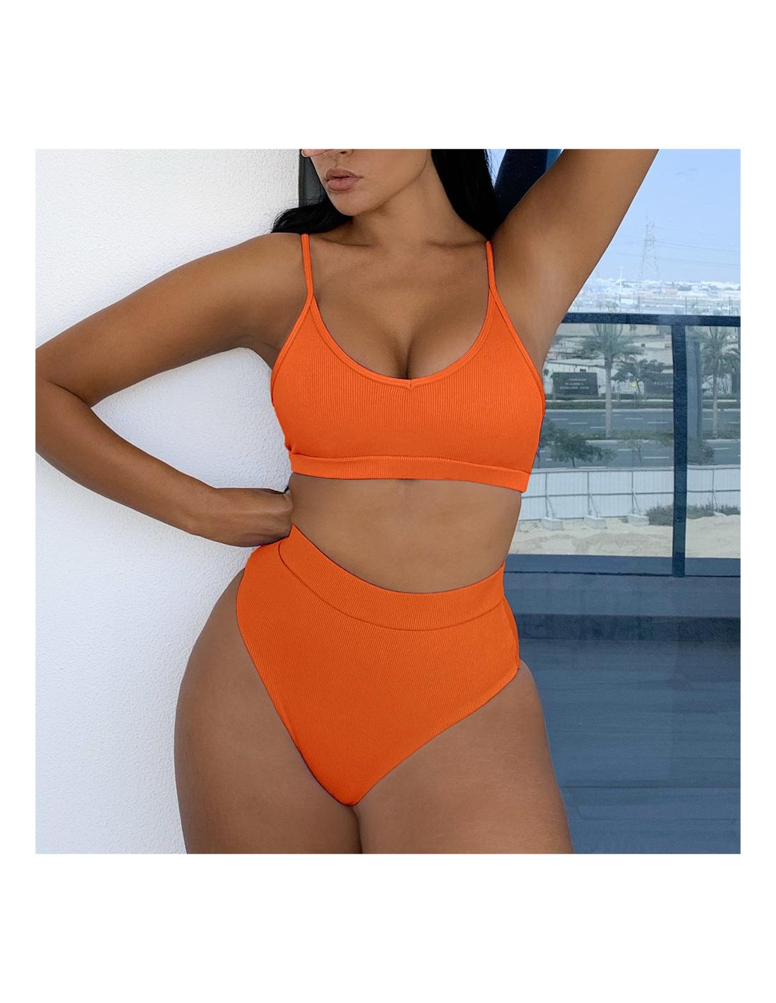 US$18.96-Solid Color Bikini Set 2023 Women Suspender Backless Two Piece  Swimwear High Waist Bathing Suit Swimwear Biquini Femini-Description