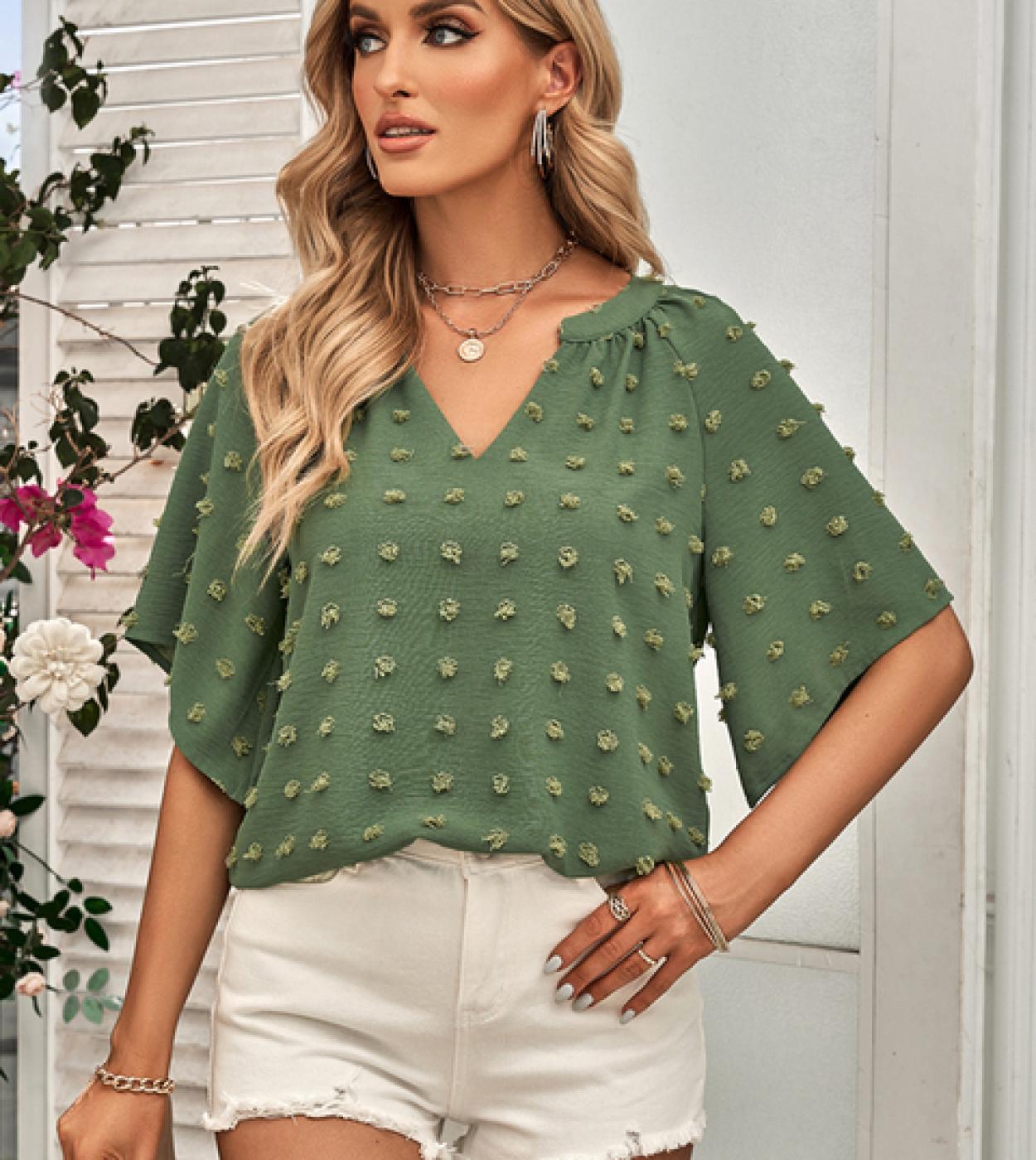 Elegante blusa de Jacquard de verano para Mujer, blusas de manga corta con  cuello de pico a la moda para Mujer, camisas holgadas