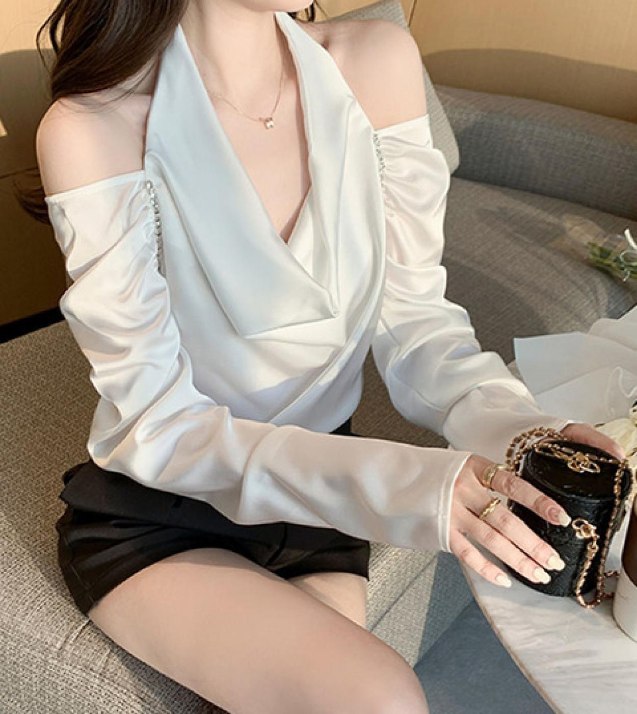 Halter solid off cheap shoulder long sleeve blouse