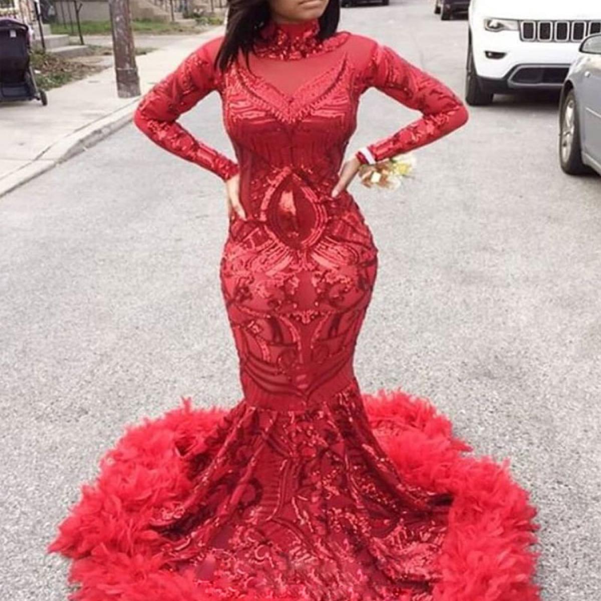 Elegant Red Mermaid African Prom Dresses For Women 2023 High Neck Long  Sleevefeathers Train Sequined Formal Evening Part
