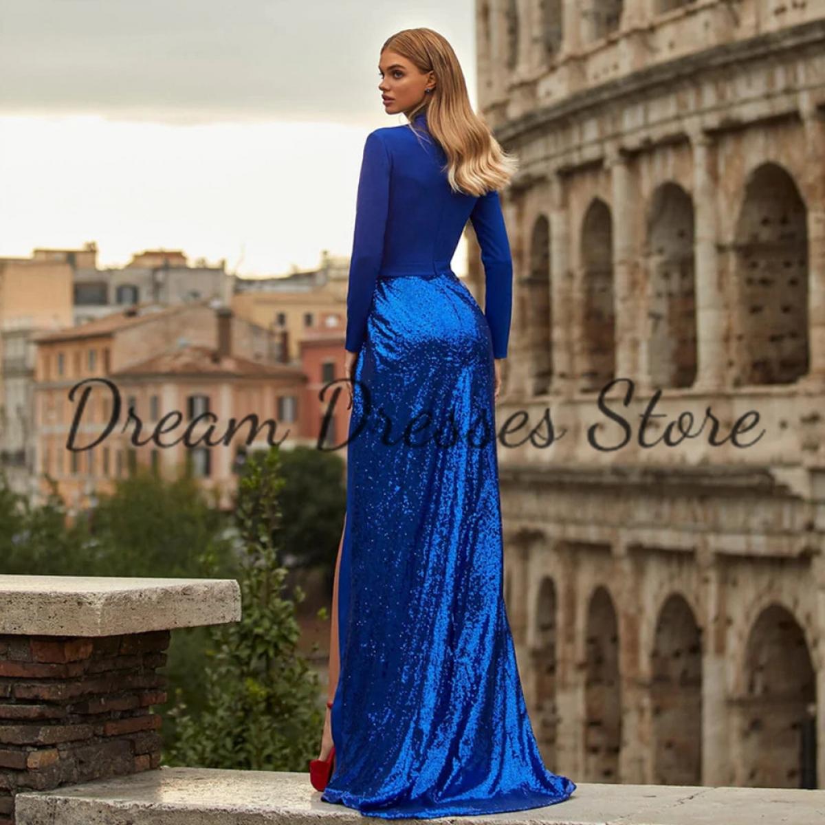 Royal Blue Long Sleeves Sequins Mermaid Evening Dress With Slit