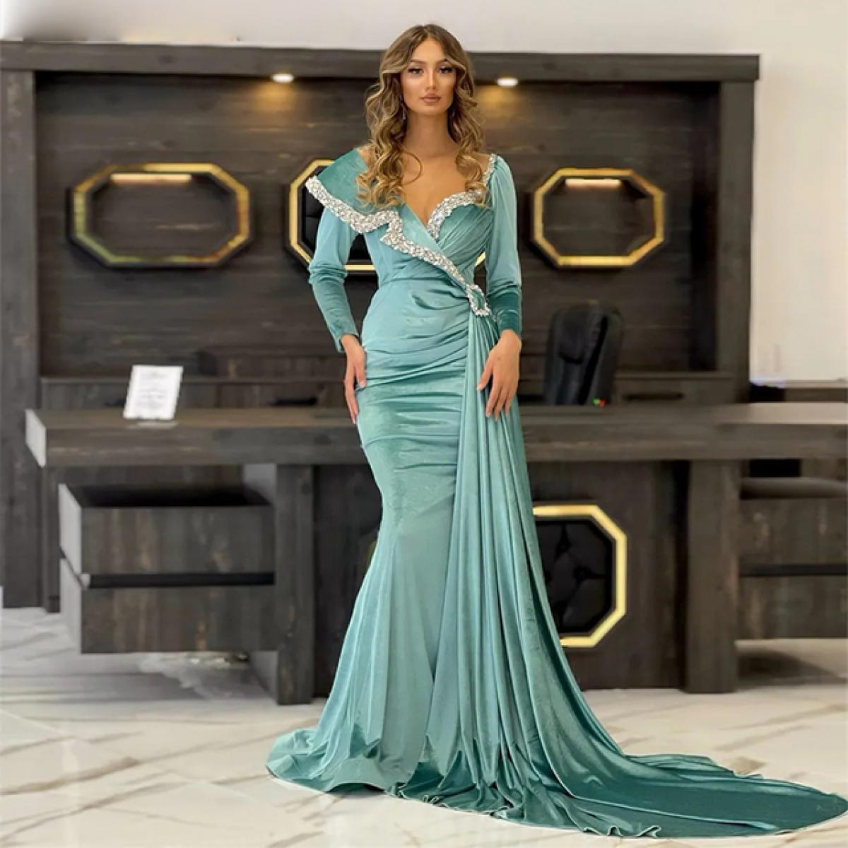 Luxury Long Sleeves Mermaid Evening Dress Beads Green 2022 Women V-Nec –  Flora Prom