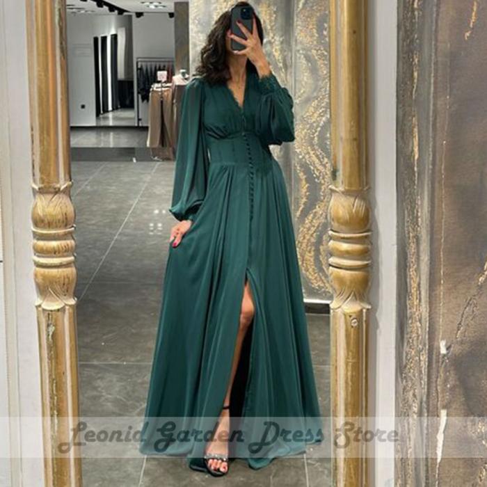 A-Line V-Neck Long Sleeves Dark Green Prom/Formal Dress With Split PSK082