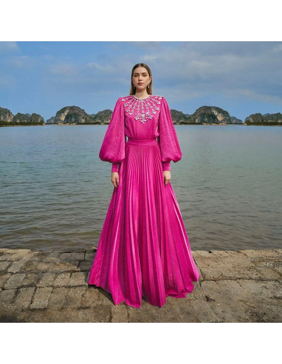 Vestidos Para Mujer Elegantes Y Bonitos Hot Pink Pleated Silk Long