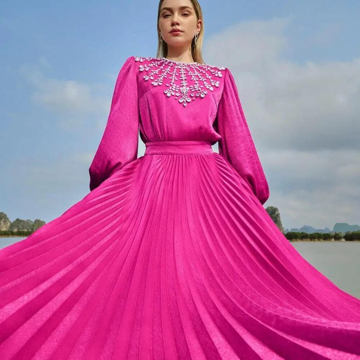 Vestidos para mujer elegantes y bonitos rosa quente plissado seda