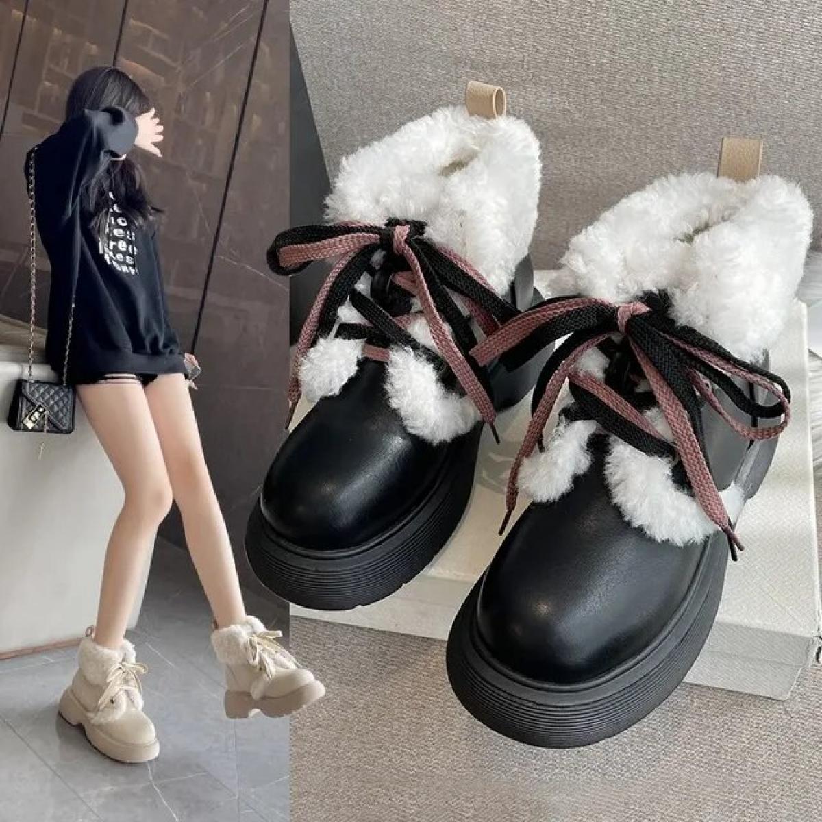 2024 High Quality Winter Women Shoes Lace Up Round Toe