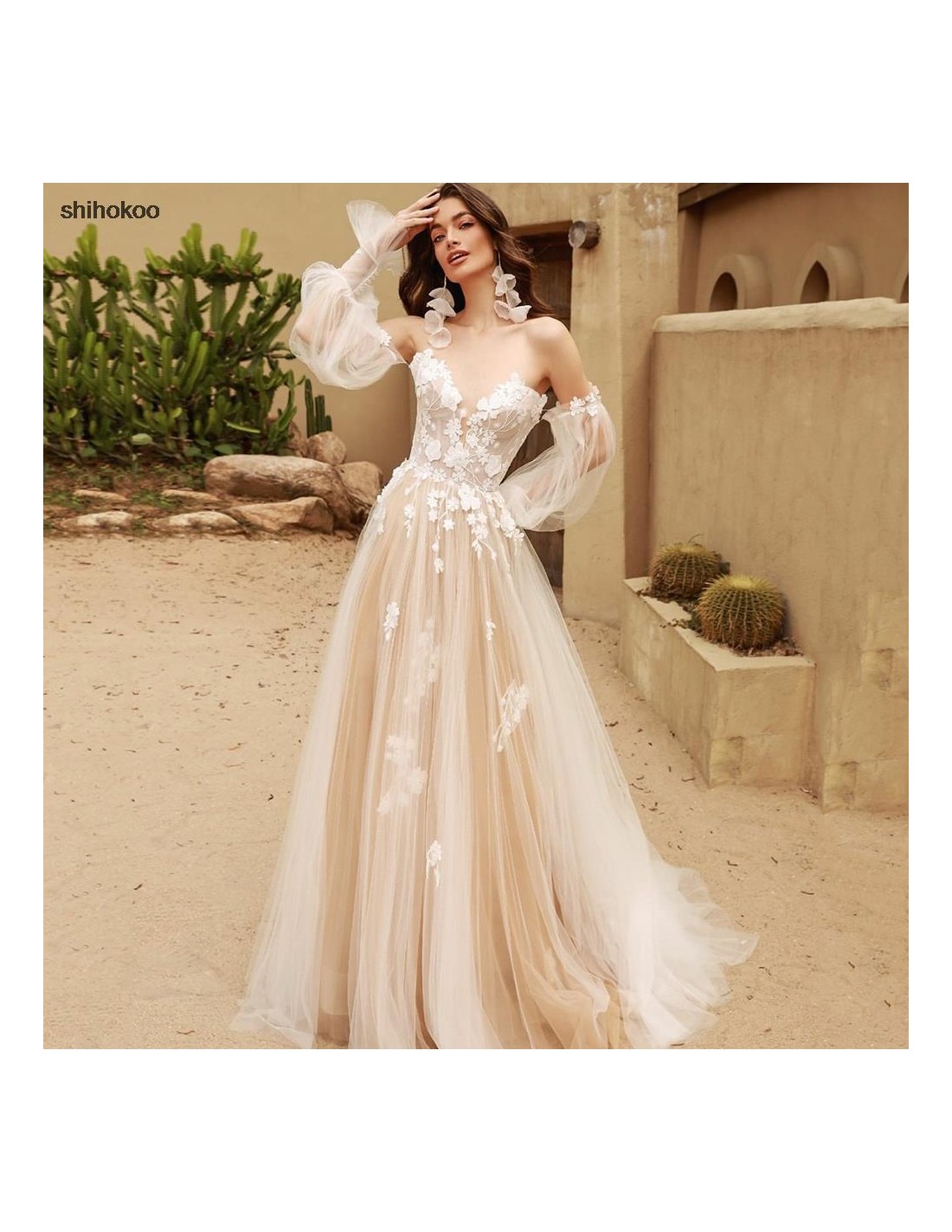 Tulle Puffy Sleeves V Neck A Line Wedding Gown Lace Appliques Princes