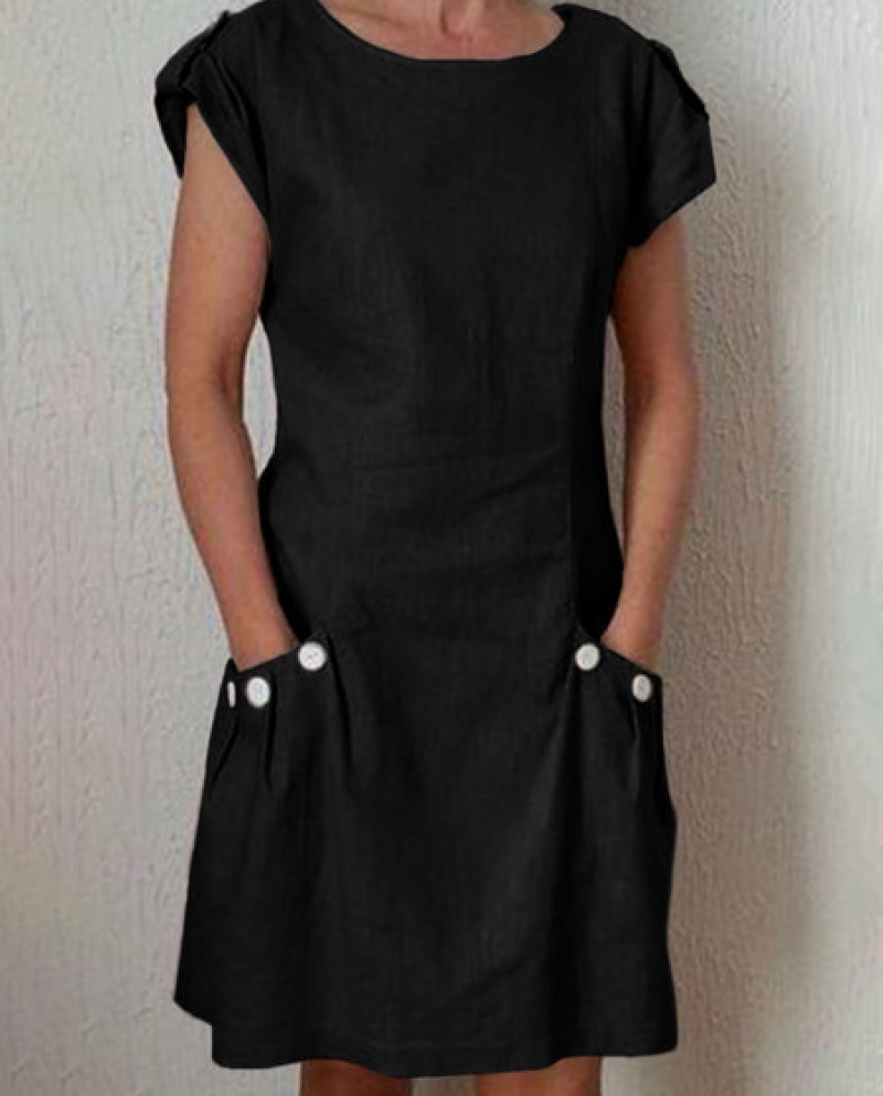 Women Retro Short Sleeve Solid Color 