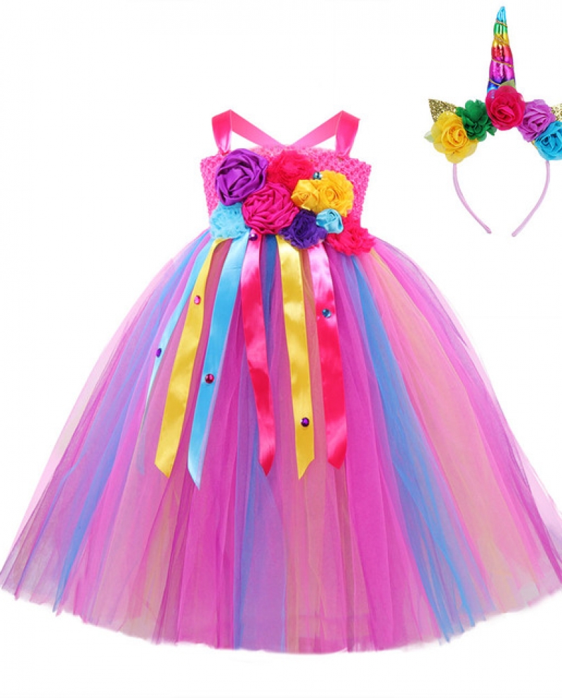 Vestido tutú Floral de unicornio para niñas, fiesta de Halloween, Cosplay, vestido  de tul, ropa para niños, vestido largo de pri