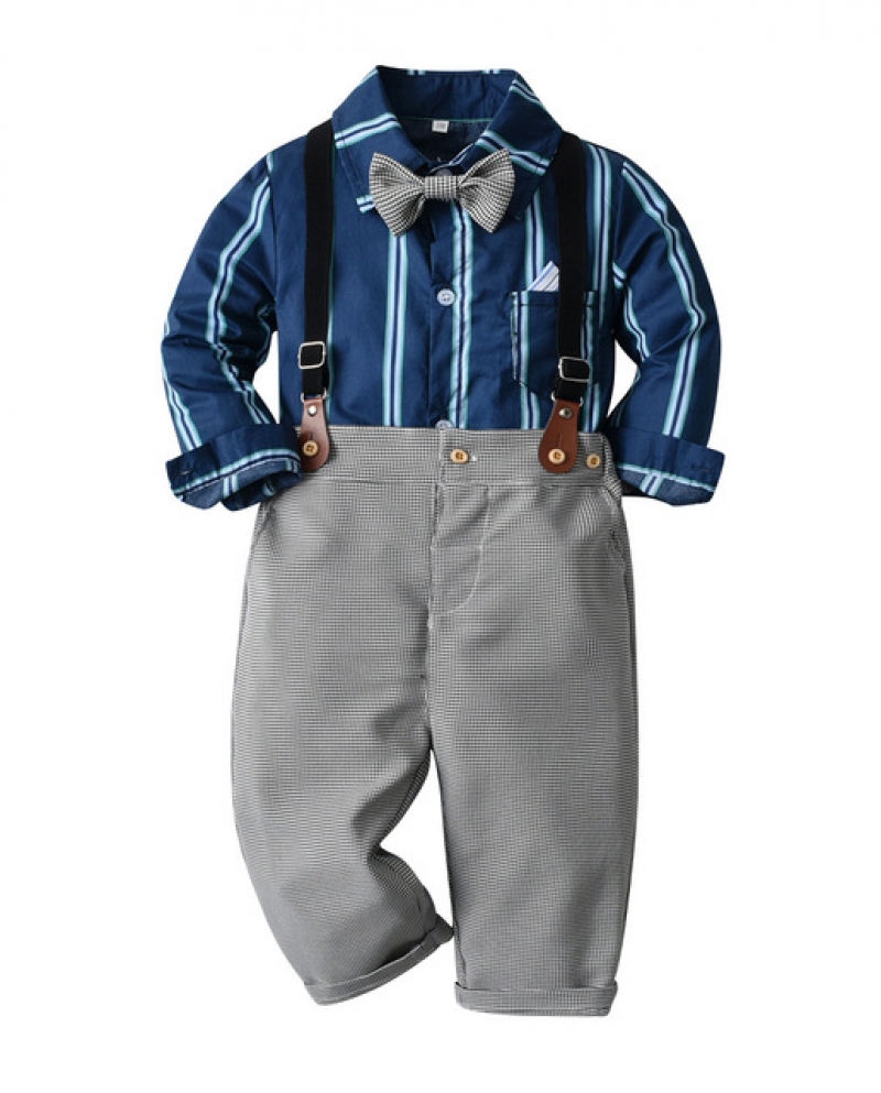 Ropa a rayas para niños pequeños, conjuntos formales para niños, camisa,  pantalones grises, traje de caballero de 4 piezas, cump