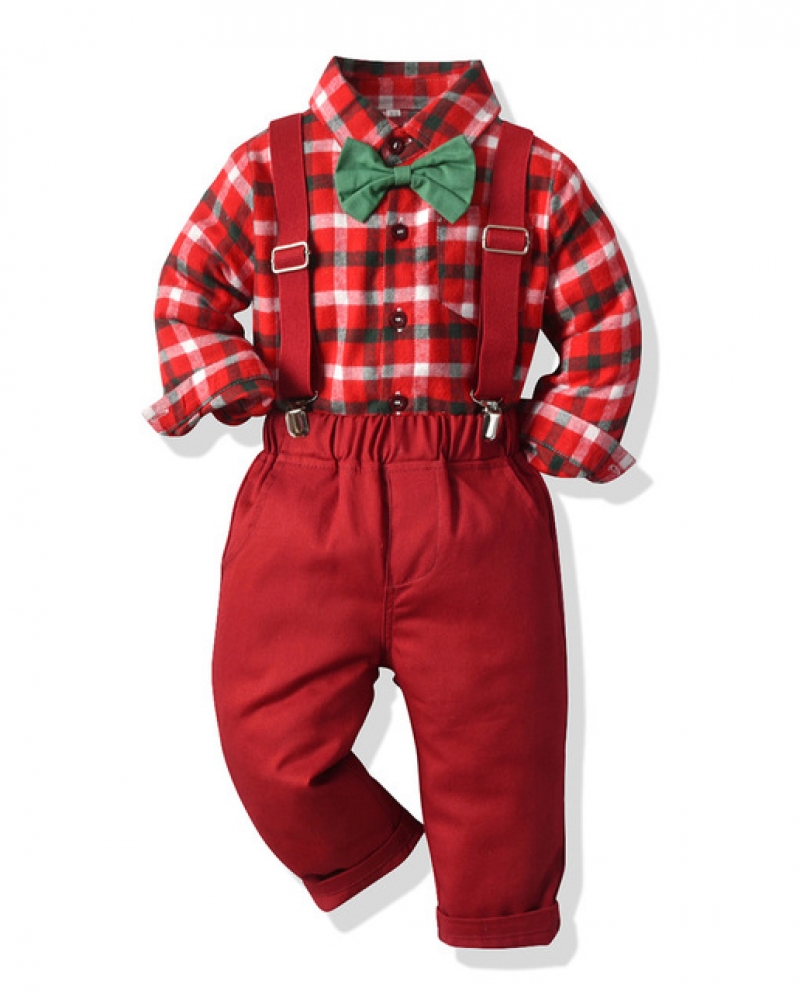 Traje Formal de otoño para niño, ropa para niños, camisa a cuadros  multicolor, correa de pantalón rojo, 3 piezas, conjunto infan