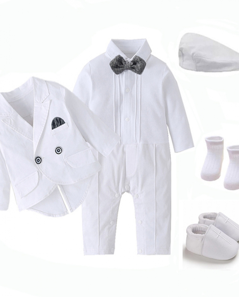 Blanco bebé bautismo vestido Formal para niños mameluco con abrigo sombrero  6 uds infantil sólido cumpleaños boda traje recién n