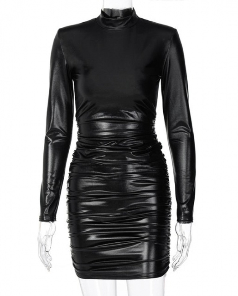 Pu Leather Mini Dress Ruched Turtleneck 
