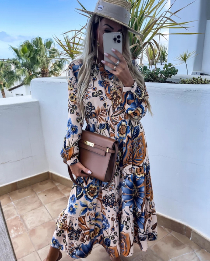 2022 moda elegante playa Casual solapa bohemio cuello en V vestido  estampado Casual A Line vestidos para mujer vestido Vintage