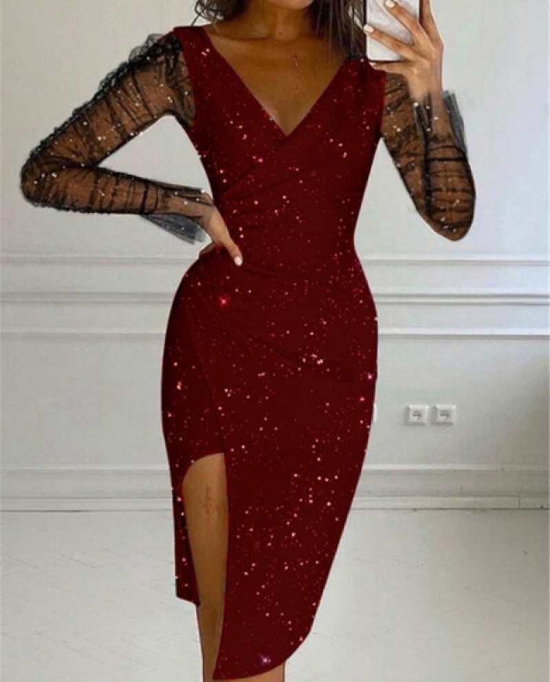 V Neck Shiny Glitter Slim Dress Fashion 
