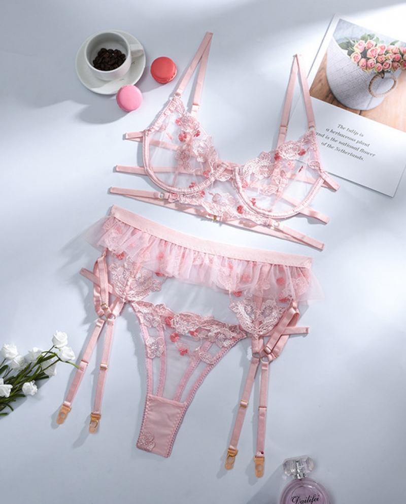 3 Piece Embroidery Bra Set Women Transparent Bra Panty Underwear Set Ladies  Mesh Patchwork Pink Lingerie Setbra Bri