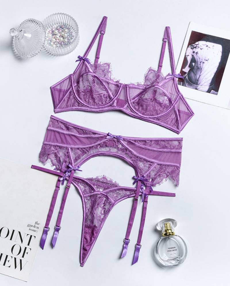 Yimunancy 3piece Lace Bra Set Women Purple Lingerie Set Ladies Bow  Patchwork Panty Underwear Set With Underwire Bra