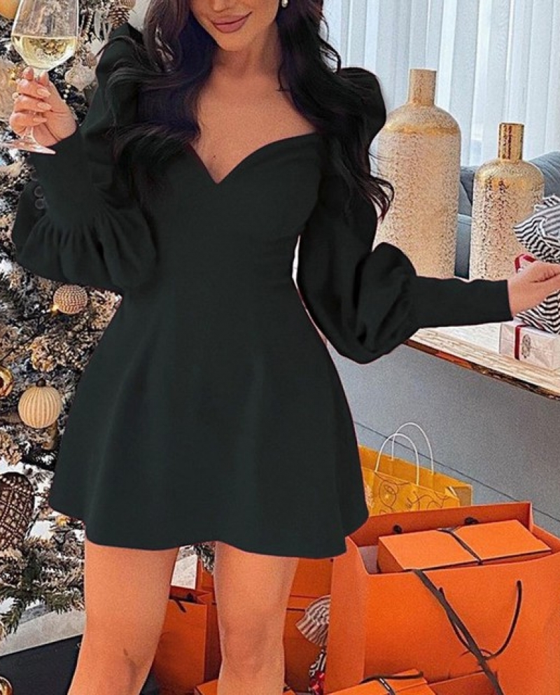 Womens Puff Sleeve Black Party Dress 