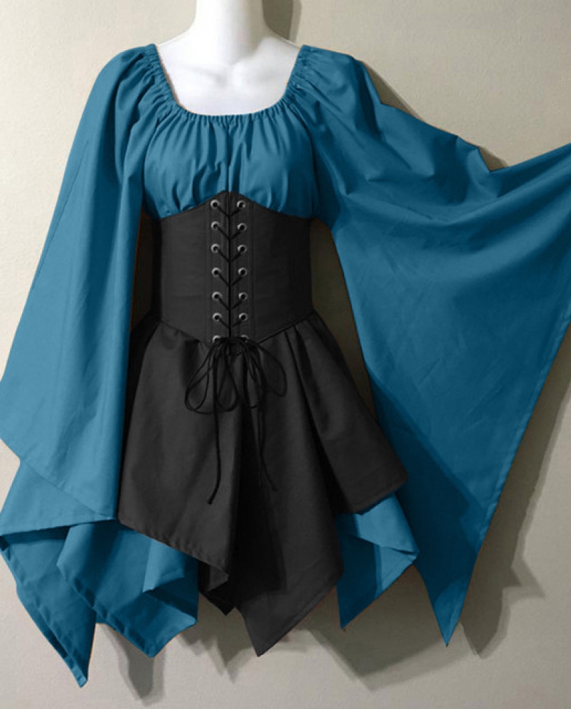 Womens Costumes Cosplay Irish Lace Up Croset Trumpet Sleeve Gothic Dress  Medieval Renaissance Short Dress Plus Size 