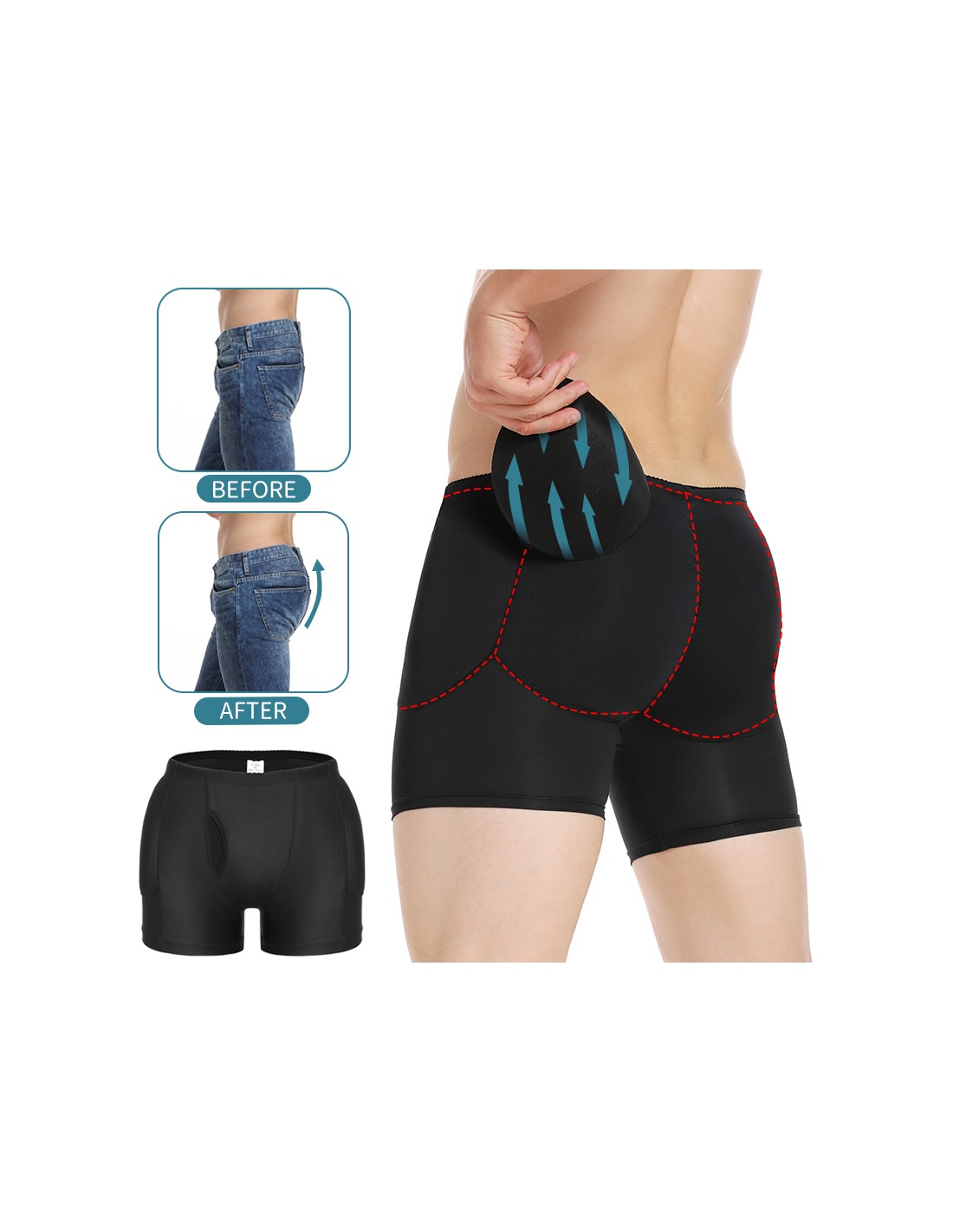 Mens Padded Underwear Butt Lifter Hips Enhancer Fajas Boxer Briefs
