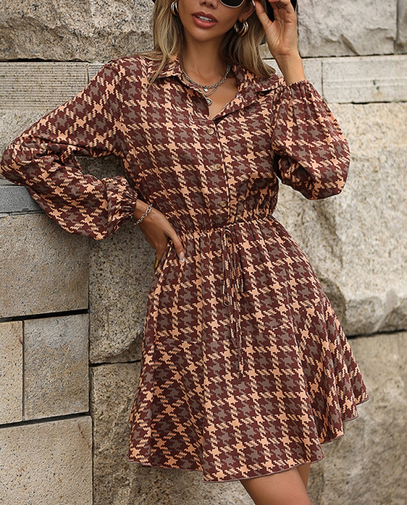 Women's Long Sleeve Plaid Lapel Lace-up 