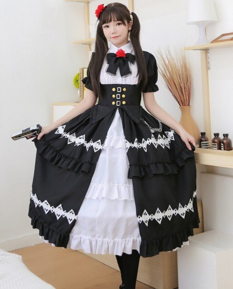 Corte Medieval Cosplay Lolita vestido Anime Cosplay Lolita vestido largo de  princesa con calcetines Headwear Set See Throw vesti