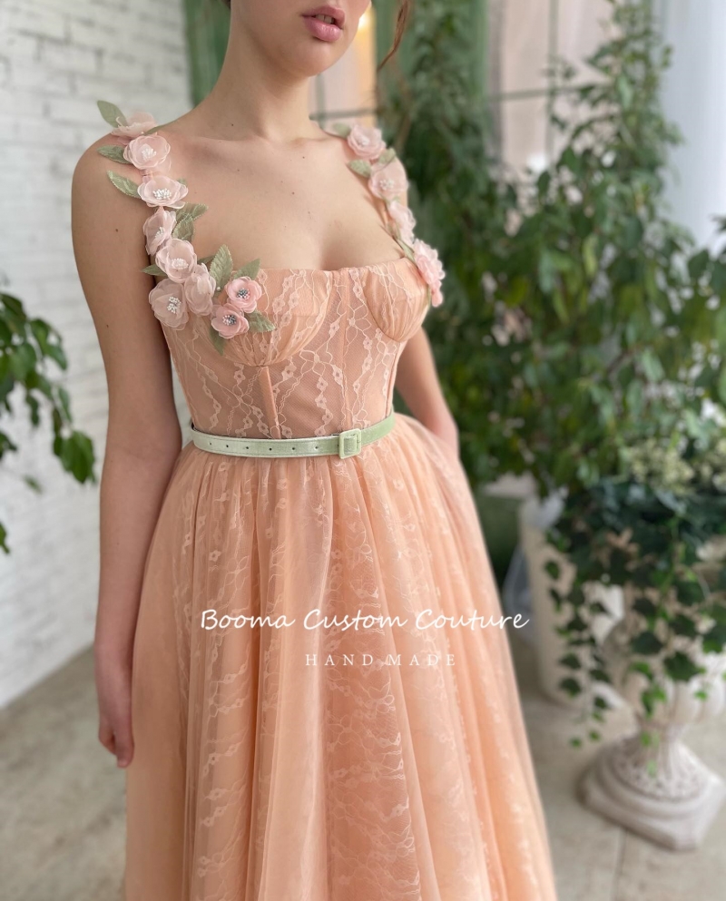 lace peach prom dresses 2022